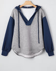 Colorblock Patchwork V-Neck Drawstring Hoodie