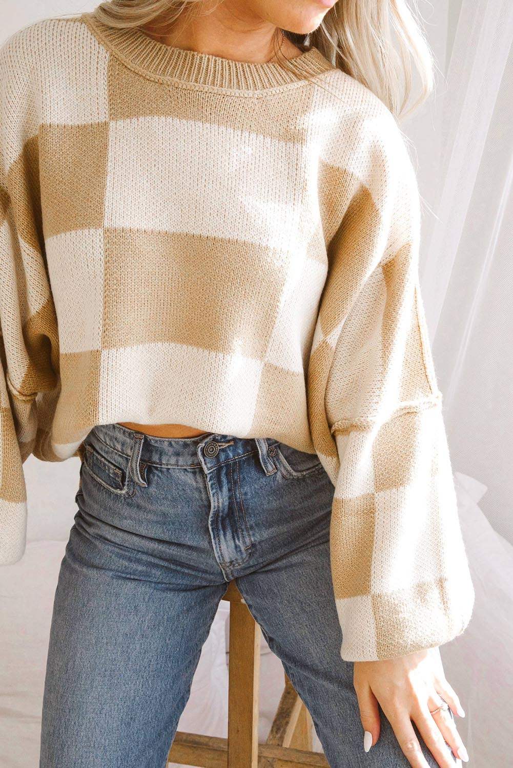 Checker Bishop Sleeve Sweater