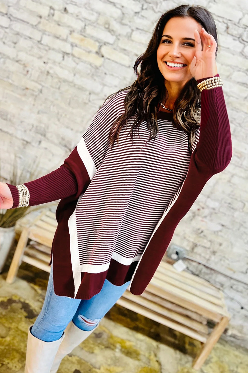 Stripe Colorblock Patchwork Dolman Sleeve Sweater