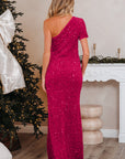 Sequin One Shoulder Thigh High Split Bodycon Gown