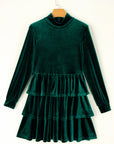 Velvet High Neck Tiered Ruffle Mini Dress