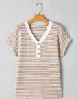Anaya Stripe Buttoned Front V Neck Knitted Top