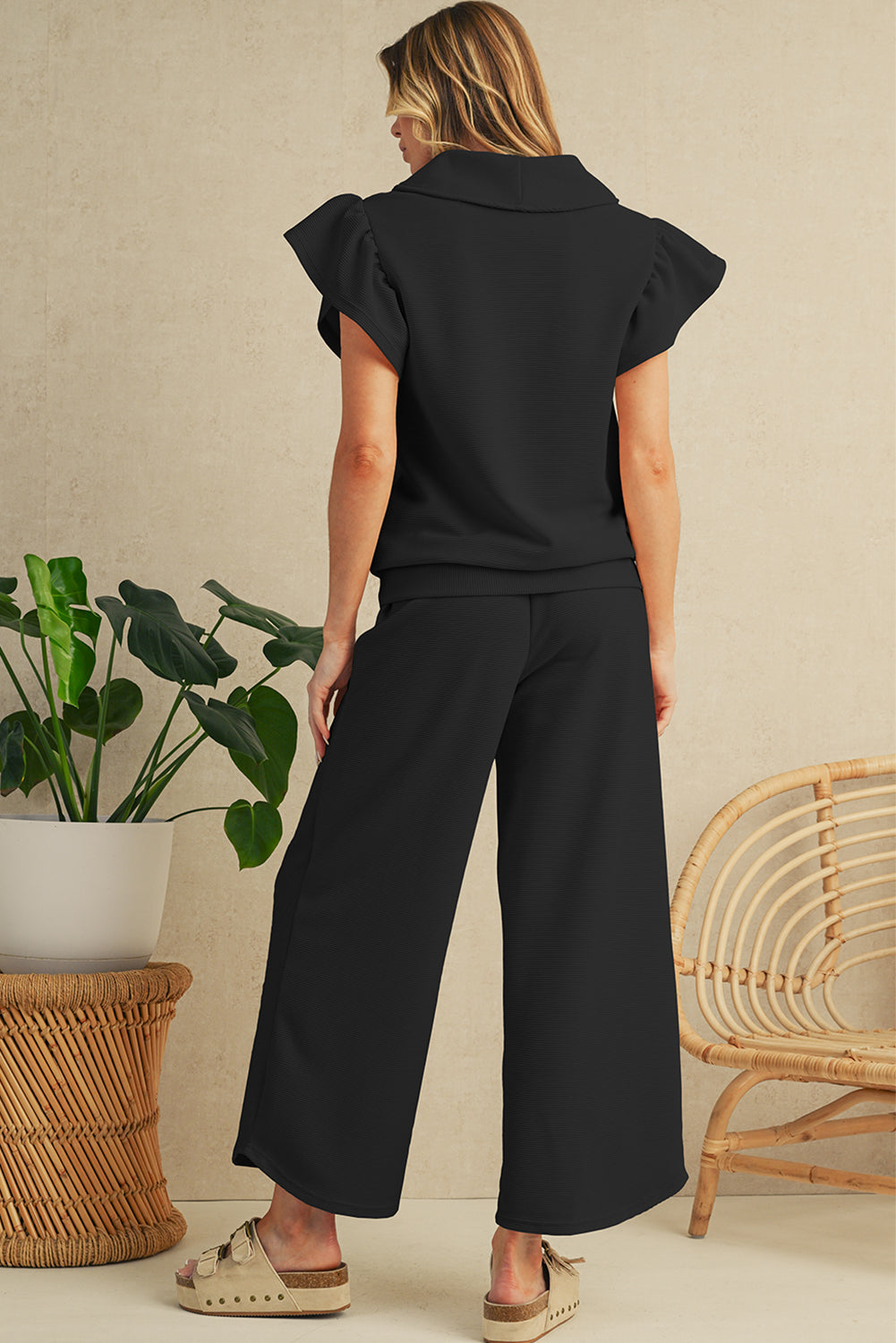 Textured Ruffle Sleeve Zipped Top and Wide Leg Pants Set