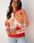 Floral Half Zip Collared Pullover Sweater