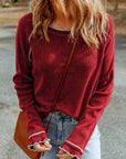 Solid Waffle Knit Round Neck Long Sleeve Top