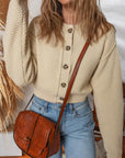 Solid Button-Up Cropped Cardigan Sweater