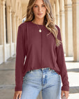 Solid Reverse Seam Crew Neck Long Sleeve Top
