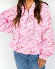 Floral Half Zip Kangaroo Pocket Drawstring Hoodie