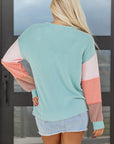 Colorblock Corded Knit Long Sleeve Henley Top