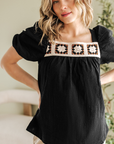 DAVINA CROCHET SQUARE NECK TEXTURED SHORT SLEEVE BLOUSE