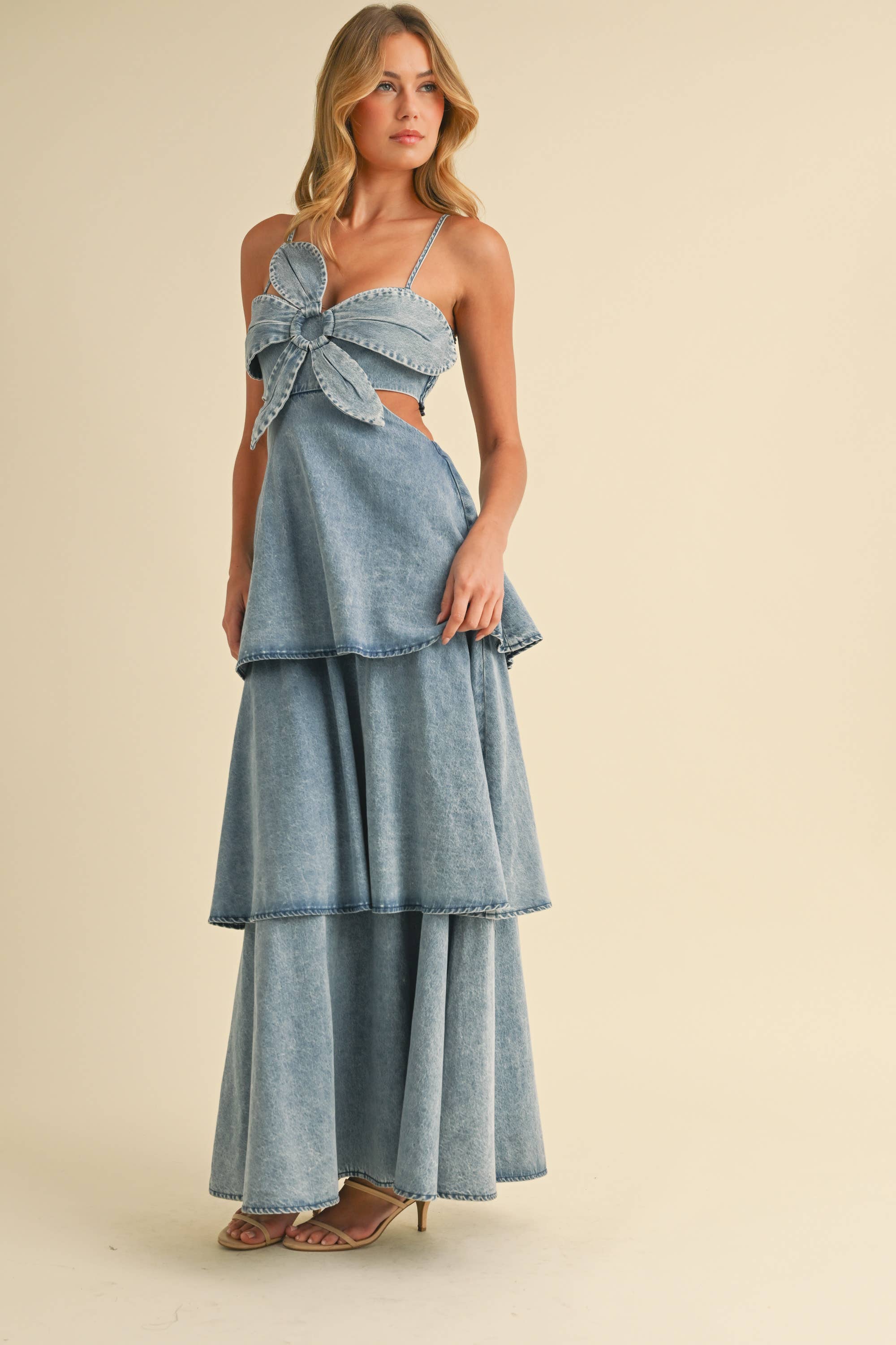 DENIM FLOWER MAXI DRESS