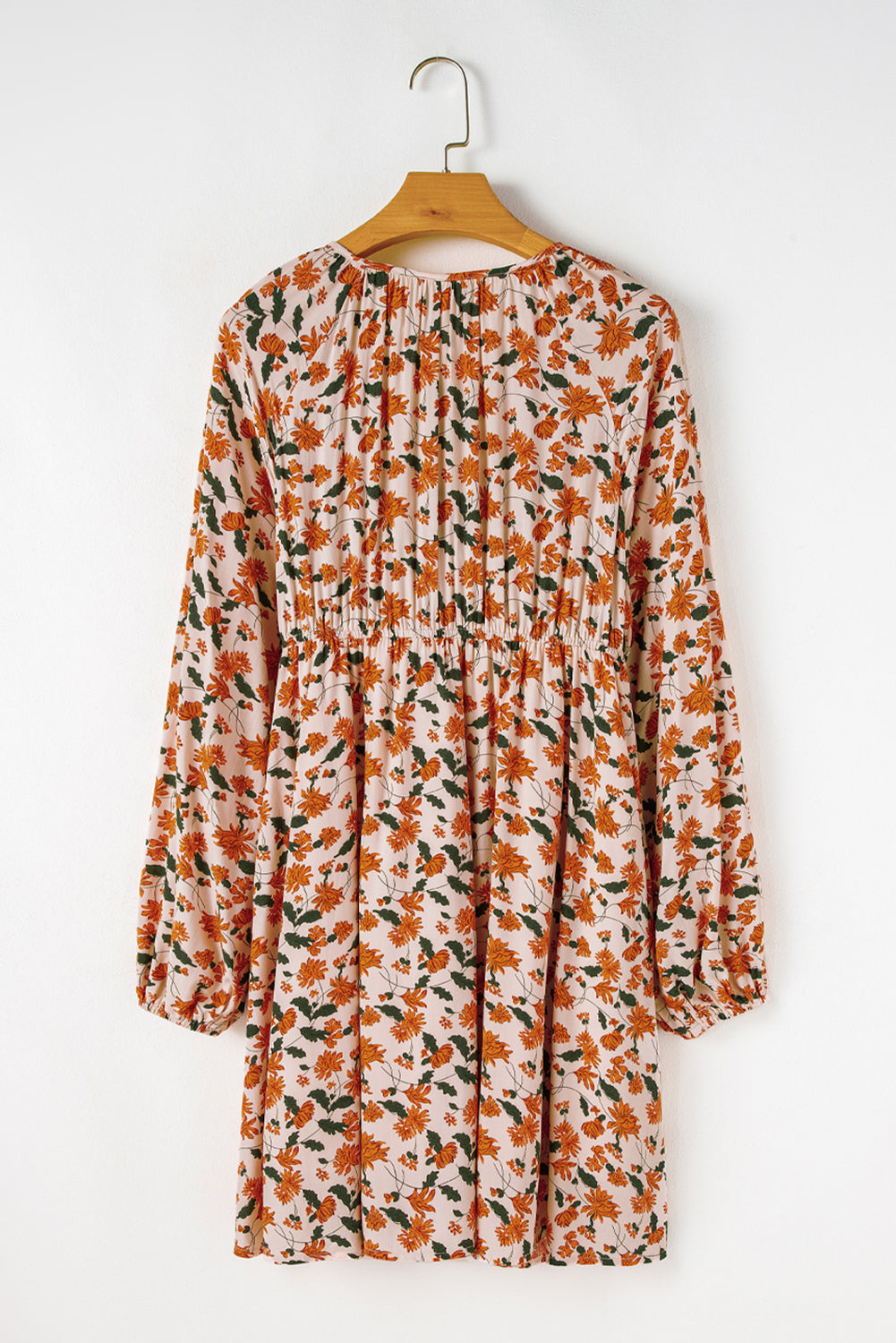 Floral Smocked V-Neck Bubble Sleeve Babydoll Dress