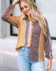Brown Dot Print Long Sleeve Button Down Shift PLUS Shirt