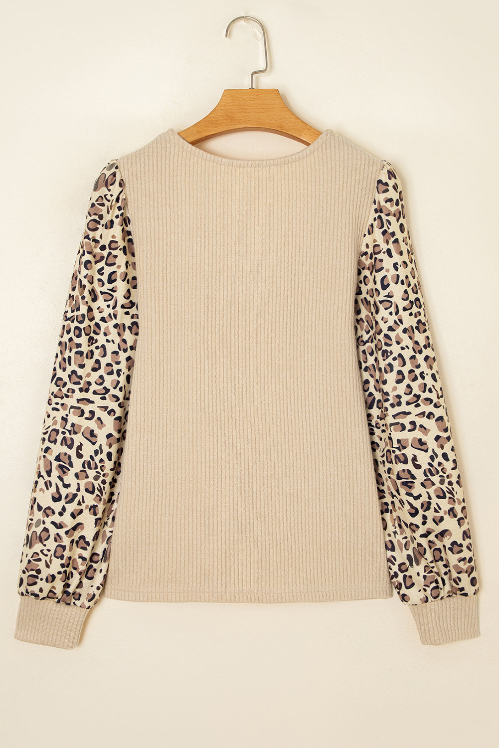 Leopard Patchwork Sleeve Ribbed Knit Scoop Neck Top