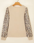 Leopard Patchwork Sleeve Ribbed Knit Scoop Neck Top