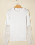 Lace Patchwork Sleeve Faux Two-Piece Fuzzy Sweater