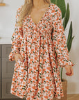 Floral Smocked V-Neck Bubble Sleeve Babydoll Dress