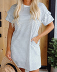 Stripe Ruffle Sleeve Crewneck T-Shirt Mini Dress