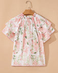 Floral Stripe Contrast Ruffle Sleeve Blouse