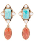 Champs Blue Turquoise and Orange Coral Post Drop Golden Earrings