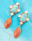 Champs Blue Turquoise and Orange Coral Post Drop Golden Earrings