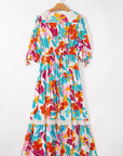 Sky Floral Knot Puff Sleeve Buttoned Front Maxi Dress