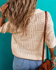 Loretta Turn-down Collar Hollowed Knit Short Sleeve Top
