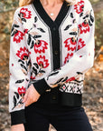 Floral Knit Button-Front V-Neck Cardigan