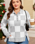 Plus Size Checker Buttoned Polo Collar Sweater