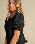 Pearl Beaded Puff Sleeve Ribbed Top