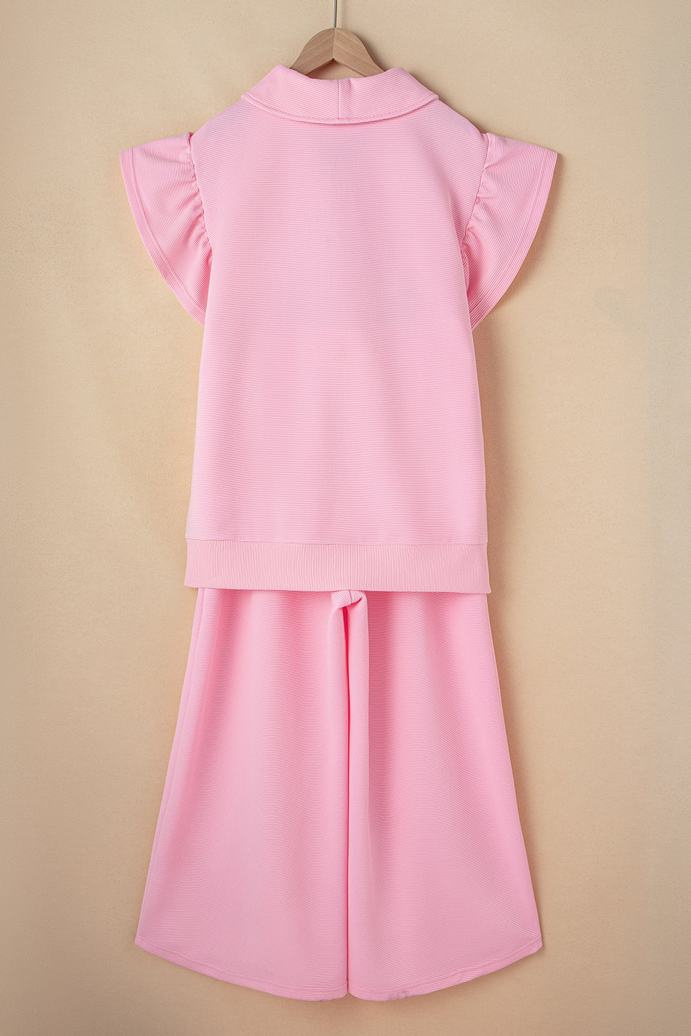 Textured Ruffle Sleeve Zipped Top and Wide Leg Pants Set