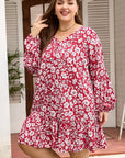 Plus Size Floral Balloon Sleeve V-Neck Mini Dress