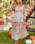 Floral V-Neck Ruffle Long Sleeve Midi Dress