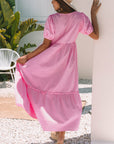 Ella Stripe V Neck Puff Short Sleeve Maxi Dress