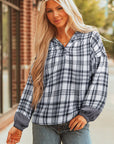 Plaid Quarter-Button Patchwork Long Sleeve Hooded Blouse