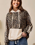 Leopard Waffle Knit Kangaroo Pocket Hooded Sweatshirt