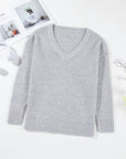 Solid Eyelet V-Neck Drop Shoulder Sweater