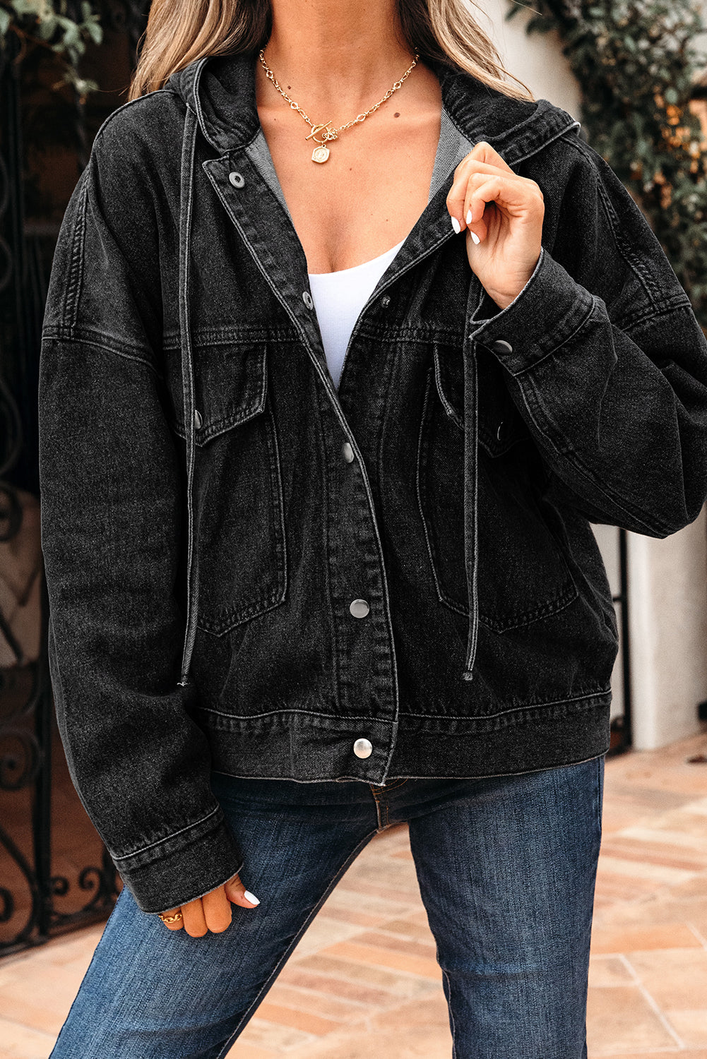 Sage Pocket Drop Shoulder Hooded Denim Jacket
