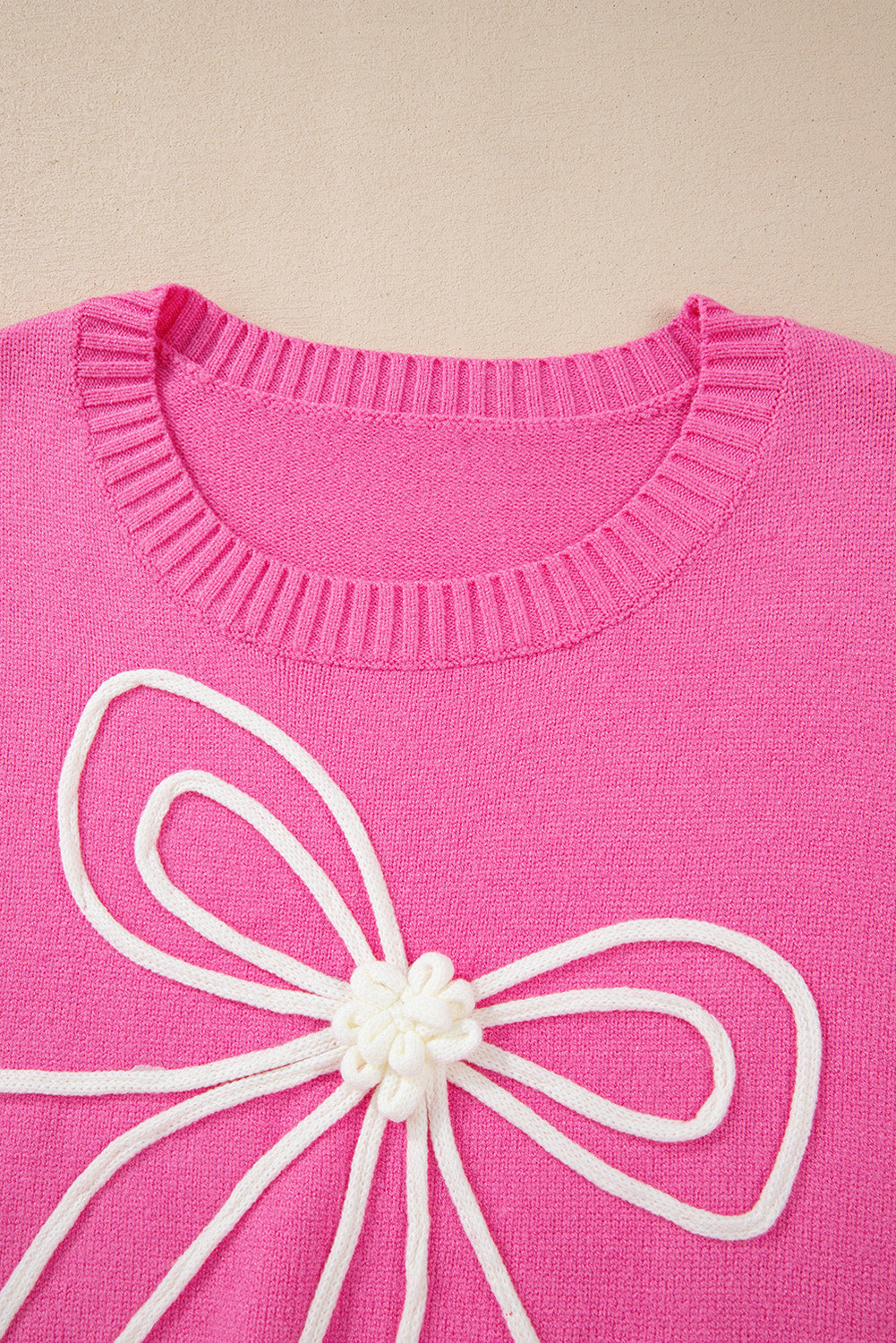 Bow Corded Floral Ribbed Trim Sweater