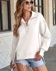 Solid Collared Drop Shoulder Side Slit Sweatshirt