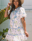 Celina Floral Striped Trim Tie Split Neck Mini Dress