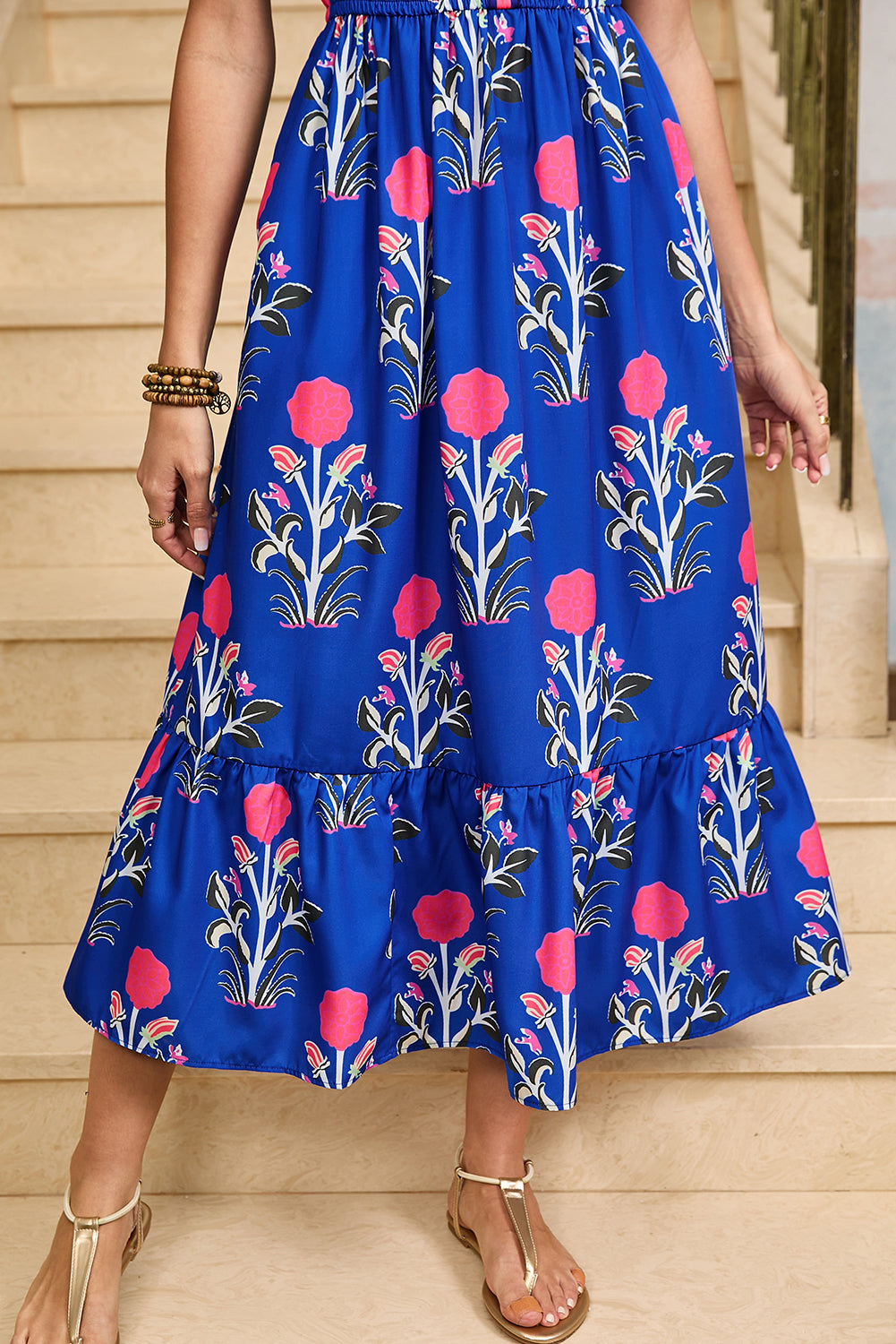 Floral Ruffle Hem Pop of Color Neckline Dress