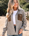 Plaid Corduroy Patchwork Pocketed Button-Up Shacket