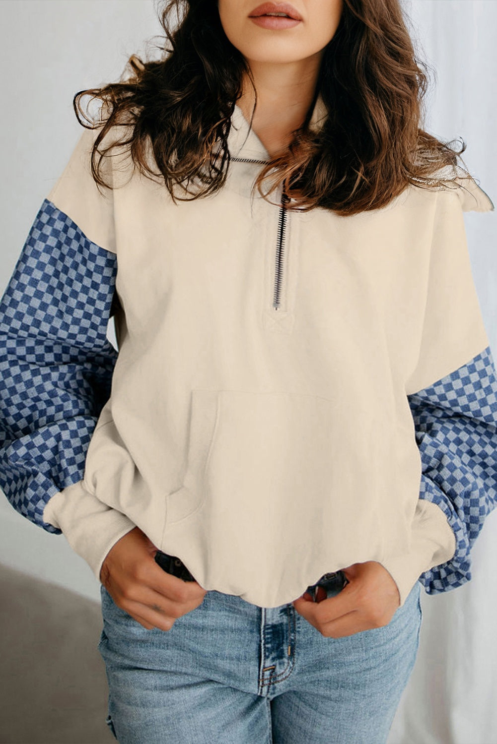 Checker Patchwork Kangaroo Pocket Half-Zip Hoodie