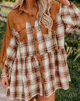 Plaid Patchwork Pocketed Ruffle Hem Shirt Dress