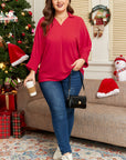 Plus Size Solid Collared V-Neck Smocked 3/4 Sleeve Top