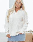 Textured Knit Collared V-Neck Pullover Sweatshirt