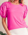 Pearl Beaded Puff Sleeve Ribbed Top