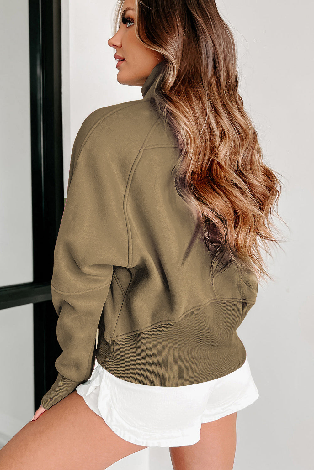 Solid Fleece-Lined Half-Zip Up Collar Sweatshirt