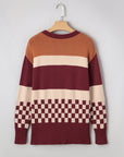 Checker Colorblock Knitted Drop Shoulder Sweater
